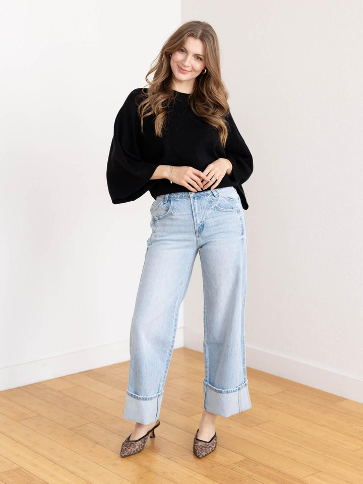 black wide sleeve boxy sweater