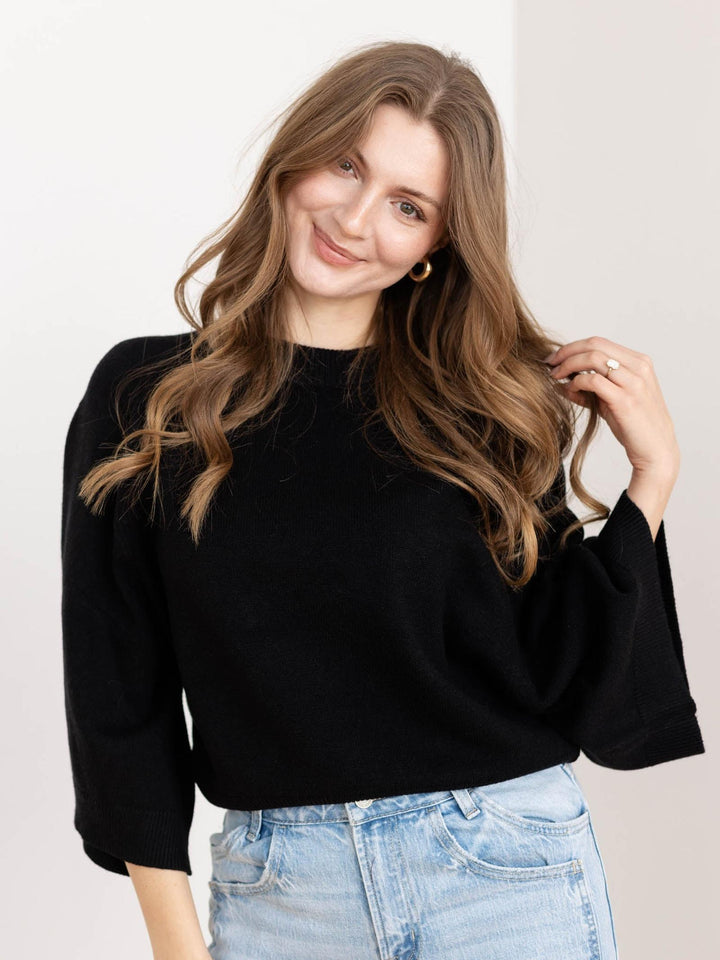 black wide sleeve boxy sweater