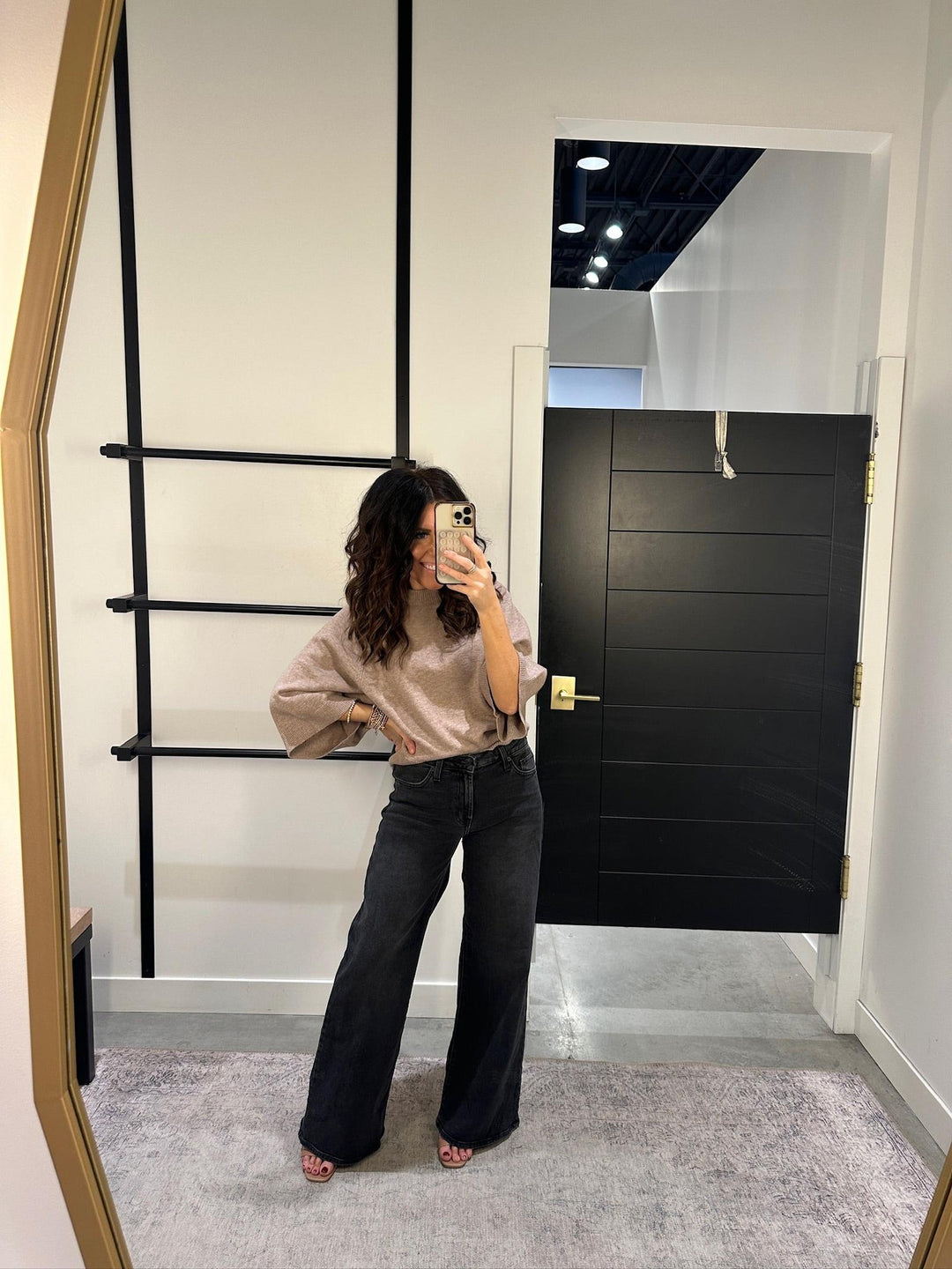 mock neck bell sleeve mocha top