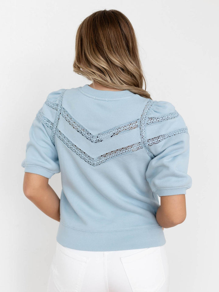 blue short sleeve sweater with lace detail
