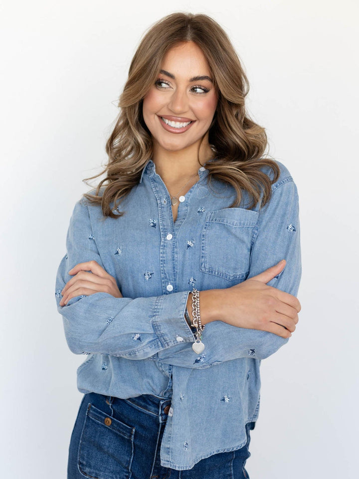 denim floral button down
