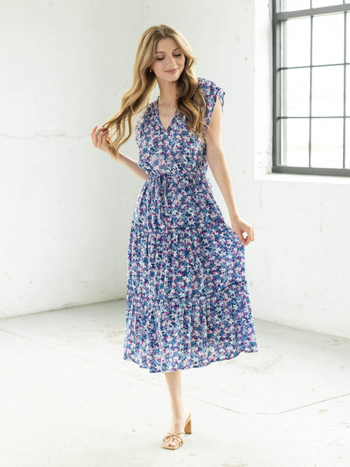 bold floral print tiered midi dress