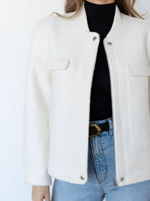 ivory textured structured bomber jacket