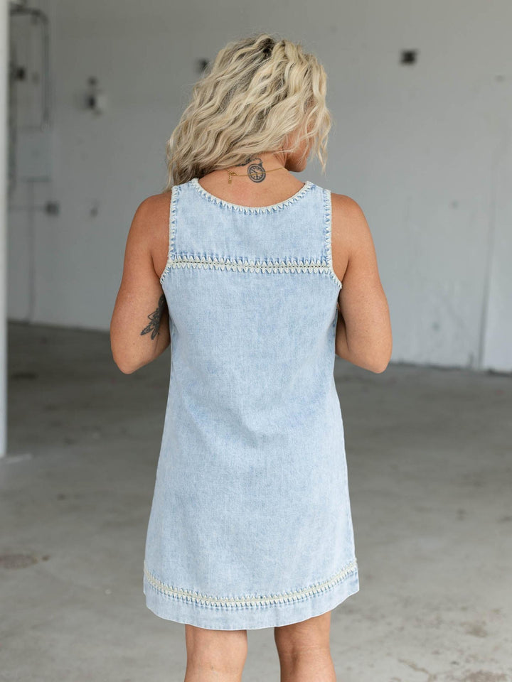embroidered seam denim dress