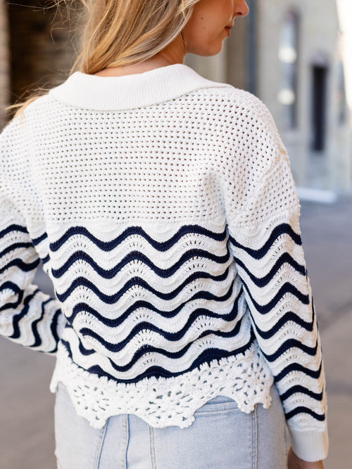 white and navy crochet wavy stripe sweater