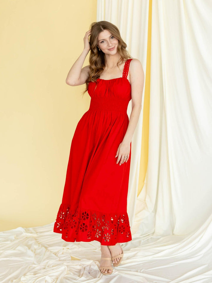 red flower embroidered eyelet dress