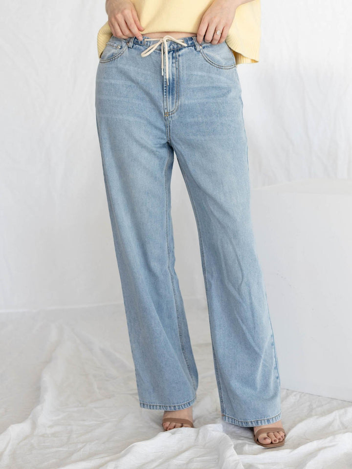 light wash denim with drawstring waist