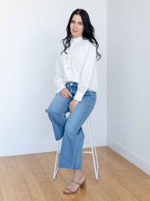 white mock neck button front blouse