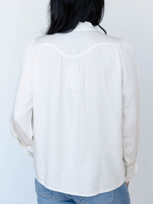 white mock neck button front blouse