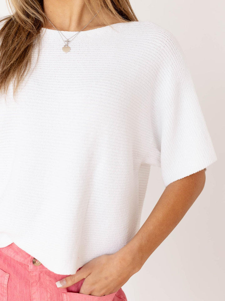 boxy ribbed short sleeve sweater