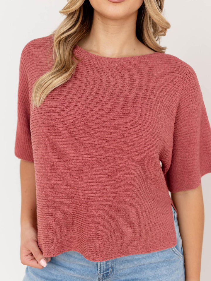 boxy ribbed short sleeve sweater