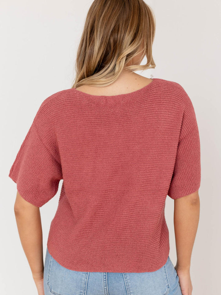 boxy ribbed short sleeve sweater