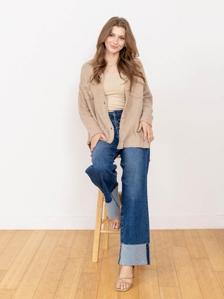 Taupe ribbed button front shirt