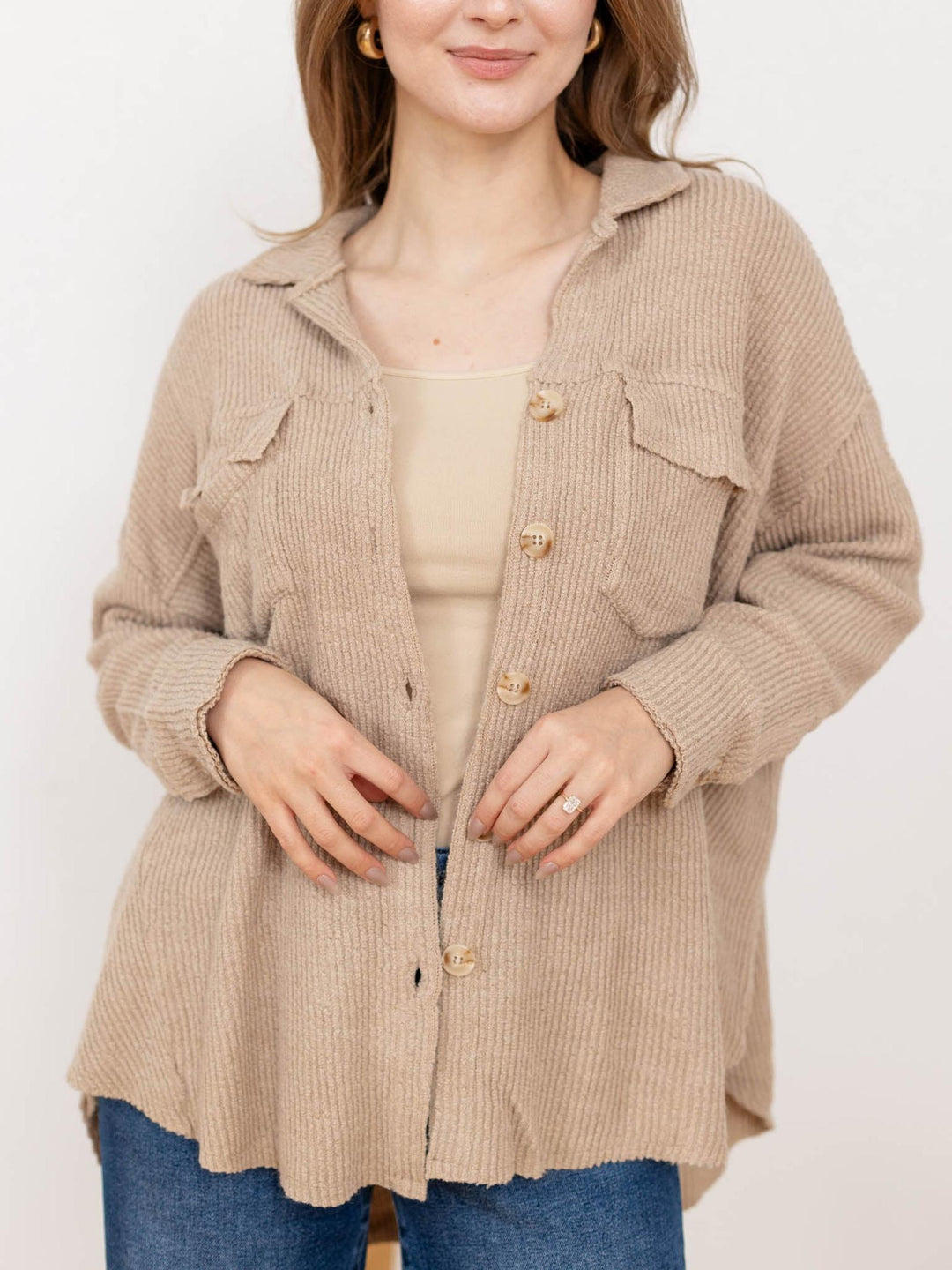 Taupe ribbed button front shirt
