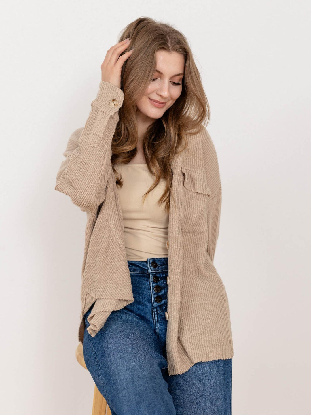 Taupe ribbed button front shirt