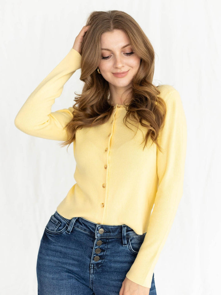 yellow button up cardigan