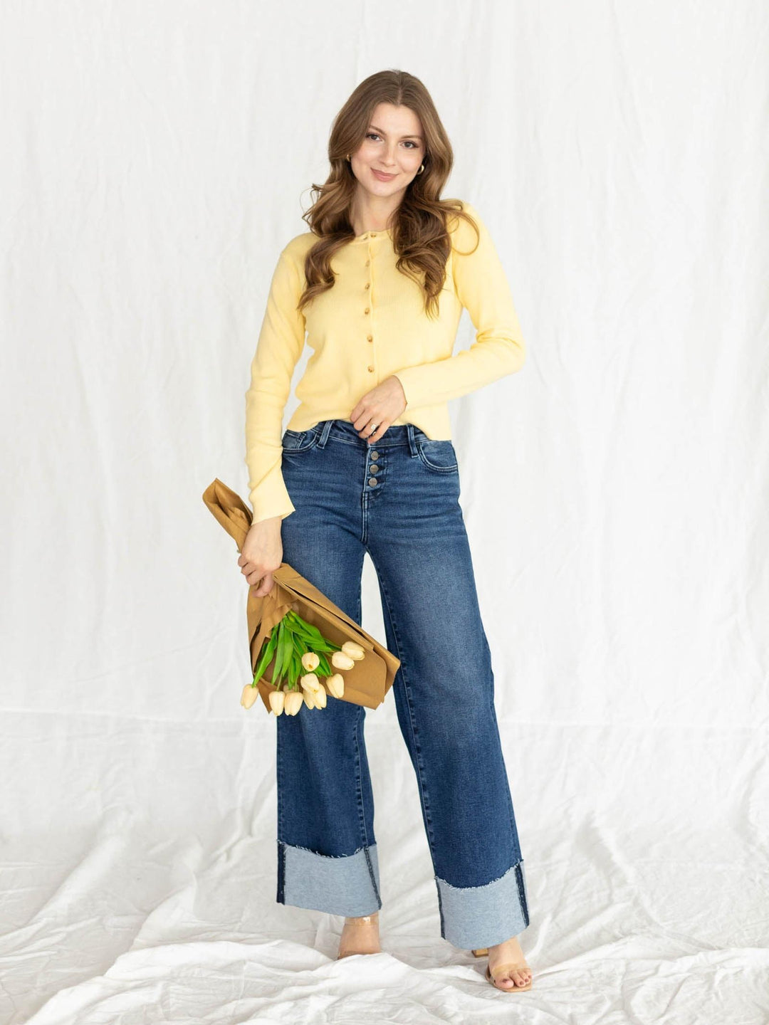 yellow button up cardigan
