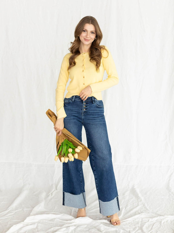 yellow button up cardigan