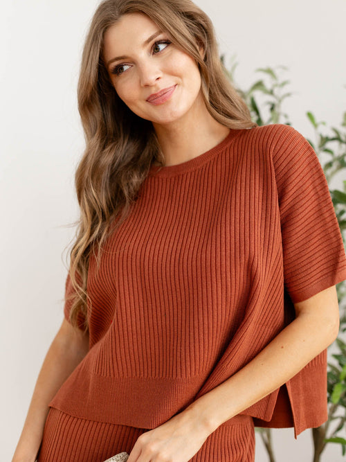 rust ribbed boxy sweater top