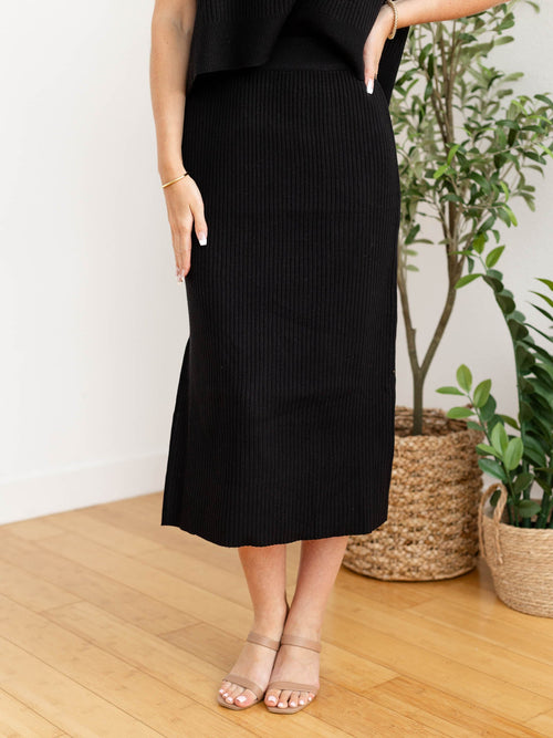 black ribbed midi skirt