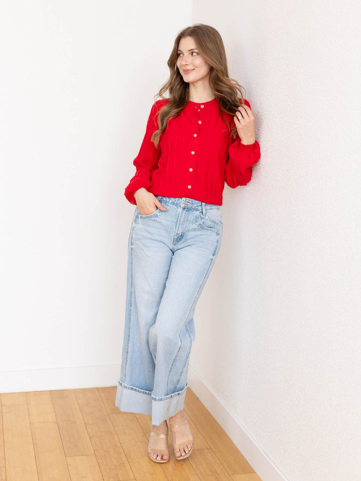 ribbed red button up cardigan