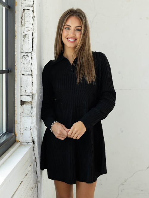 black ribbed collared sweater dress
