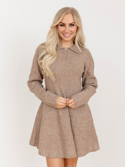 taupe sweater ribbed knit mini dress