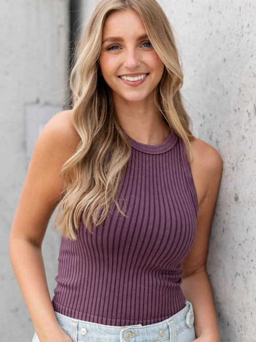 washed purple ribbed tank top