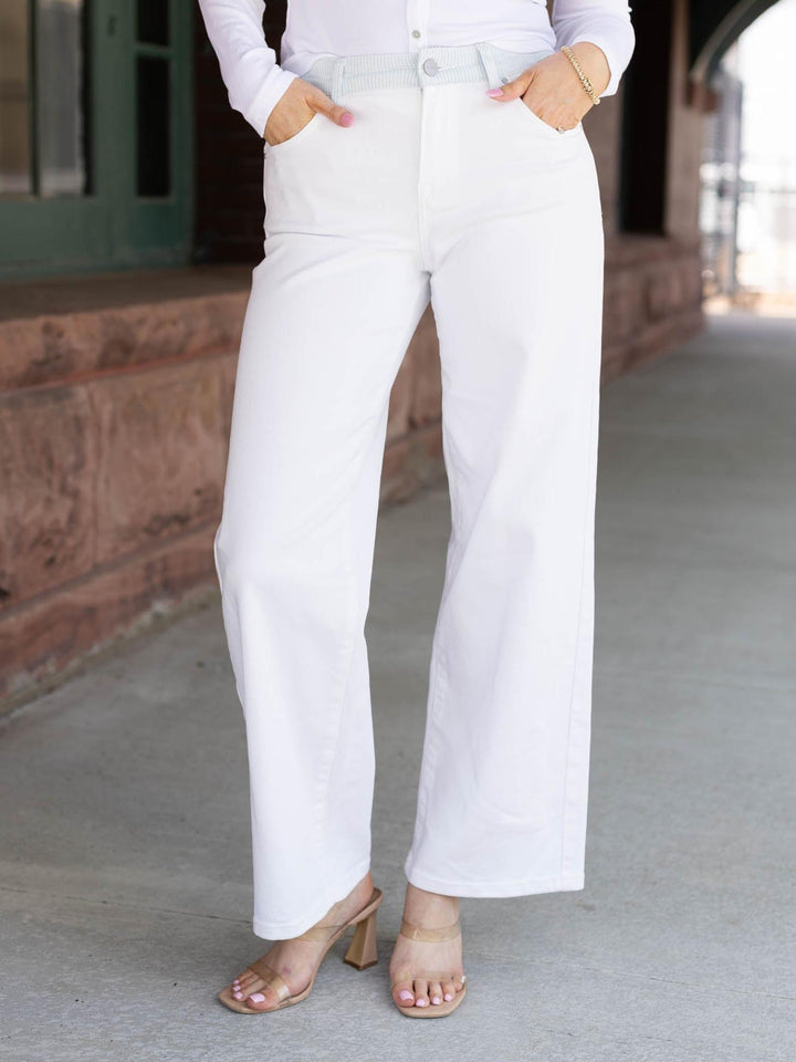 white and stripe waistband denim