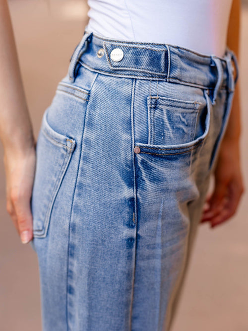 medium wash side seam barrel denim