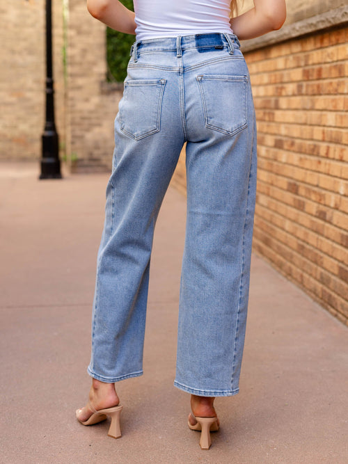 medium wash side seam barrel denim