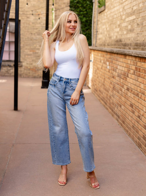 medium wash side seam barrel denim