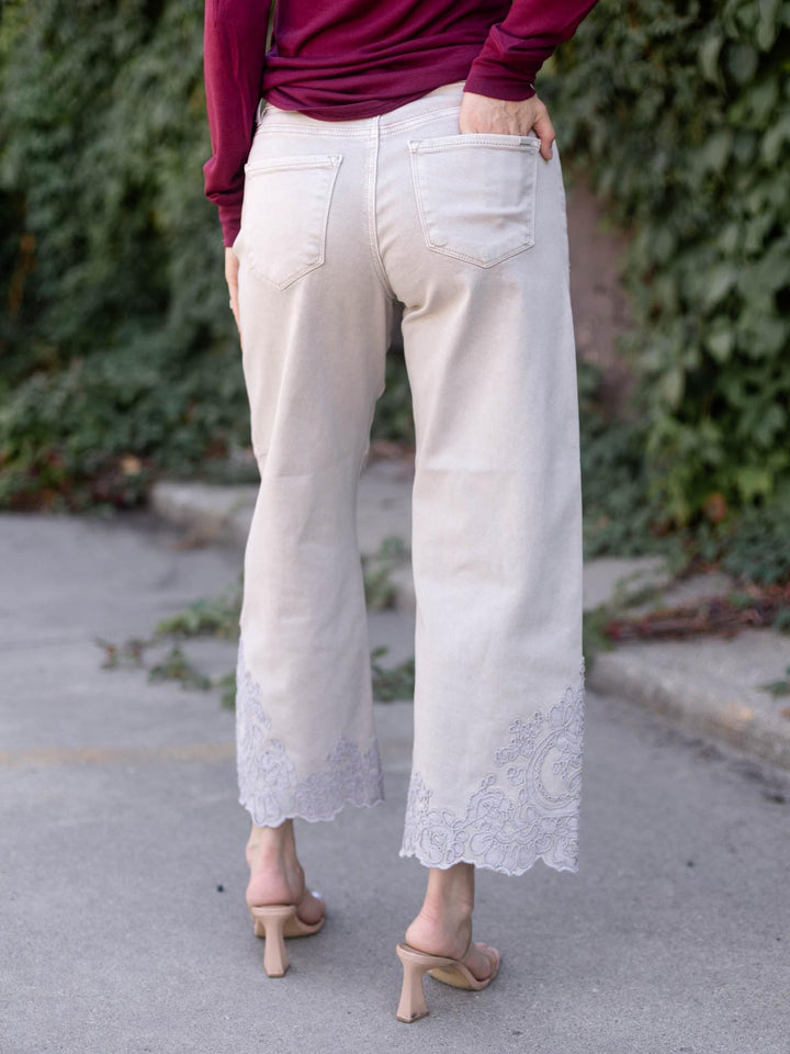 RISEN Almond High Rise Crop Embroidered Barrel