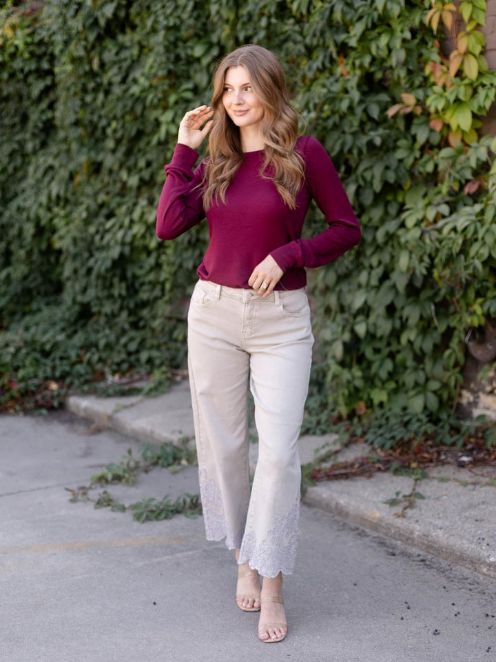 RISEN Almond High Rise Crop Embroidered Barrel