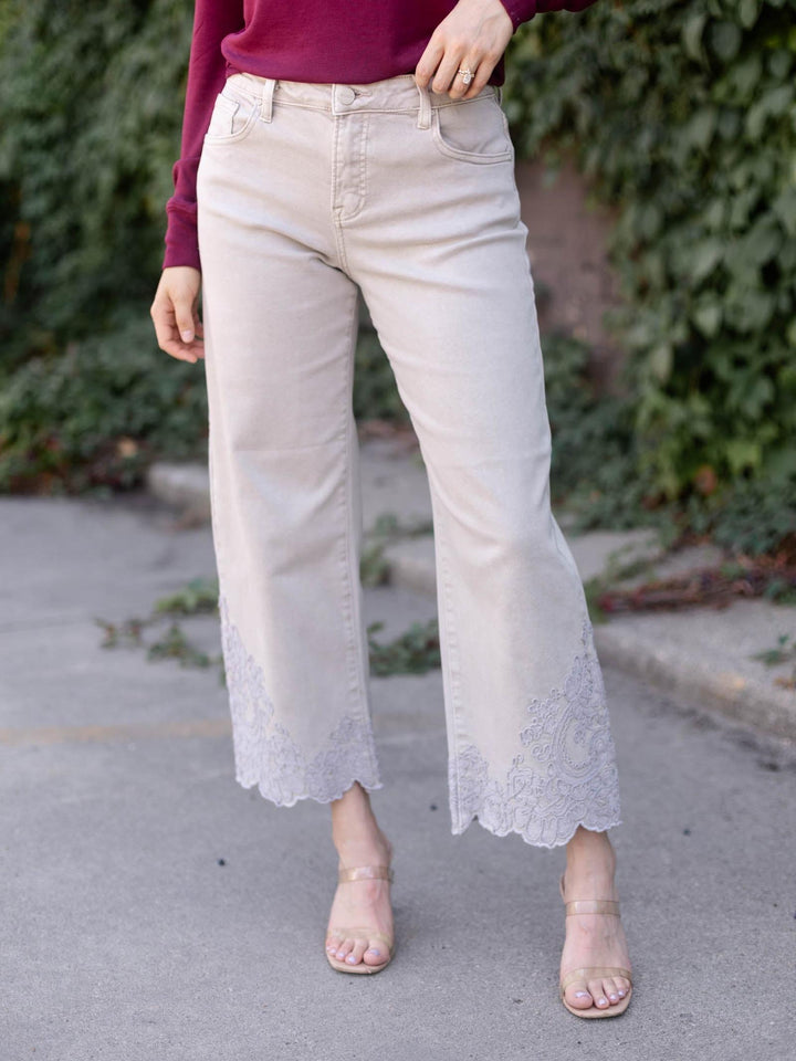 RISEN Almond High Rise Crop Embroidered Barrel