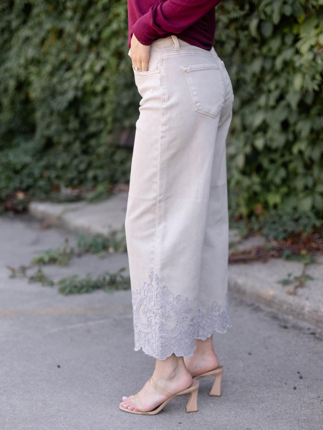 RISEN Almond High Rise Crop Embroidered Barrel
