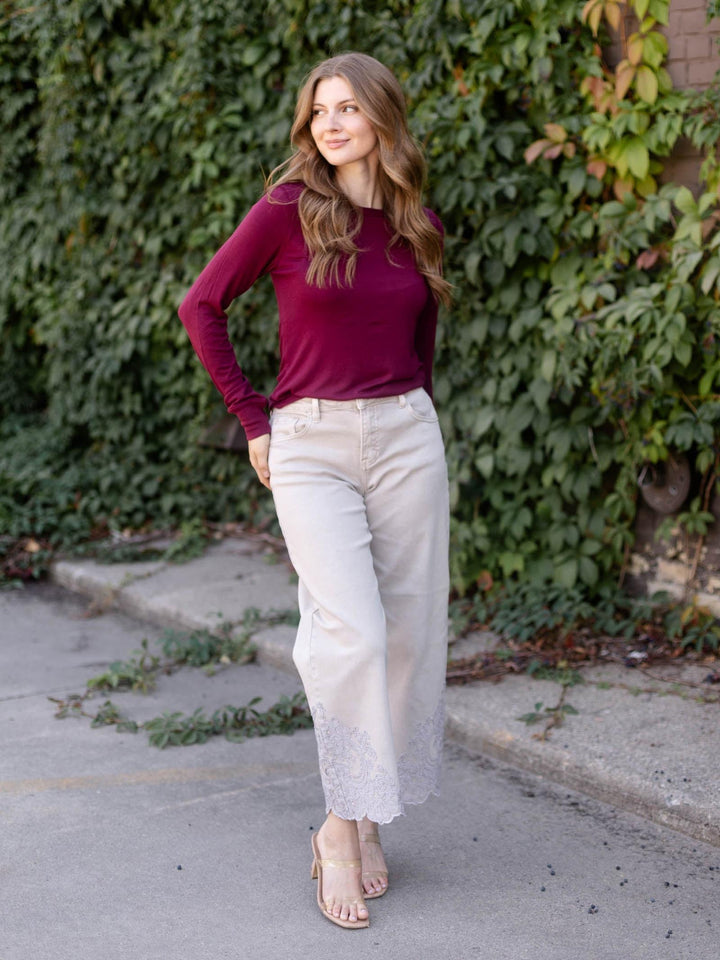 RISEN Almond High Rise Crop Embroidered Barrel