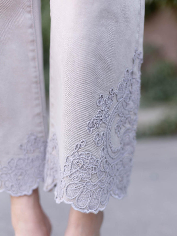 RISEN Almond High Rise Crop Embroidered Barrel