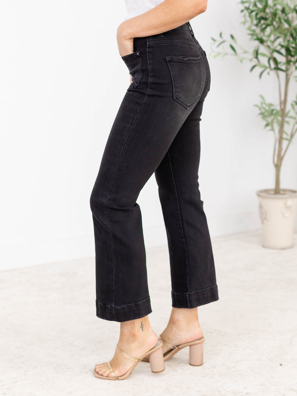 RISEN Black High Rise Front Pocket FlareDenim jeans