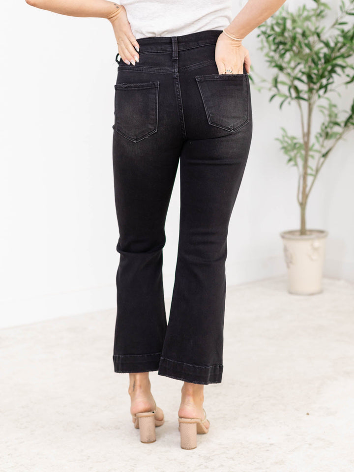 RISEN Black High Rise Front Pocket FlareDenim jeans