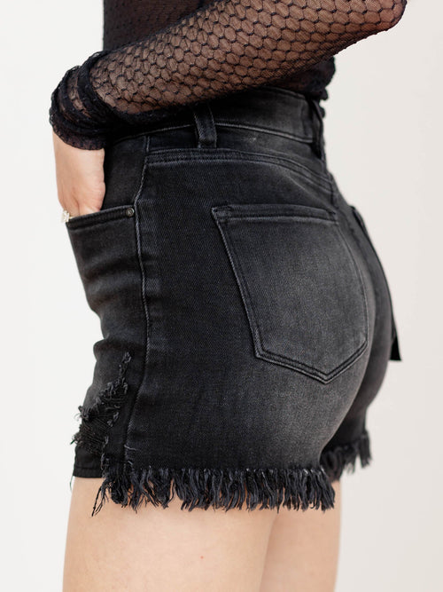 black washed frayed hem shorts