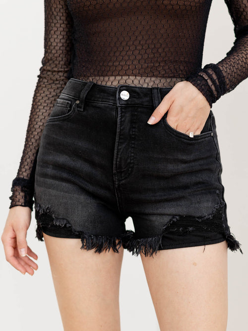 black washed frayed hem shorts