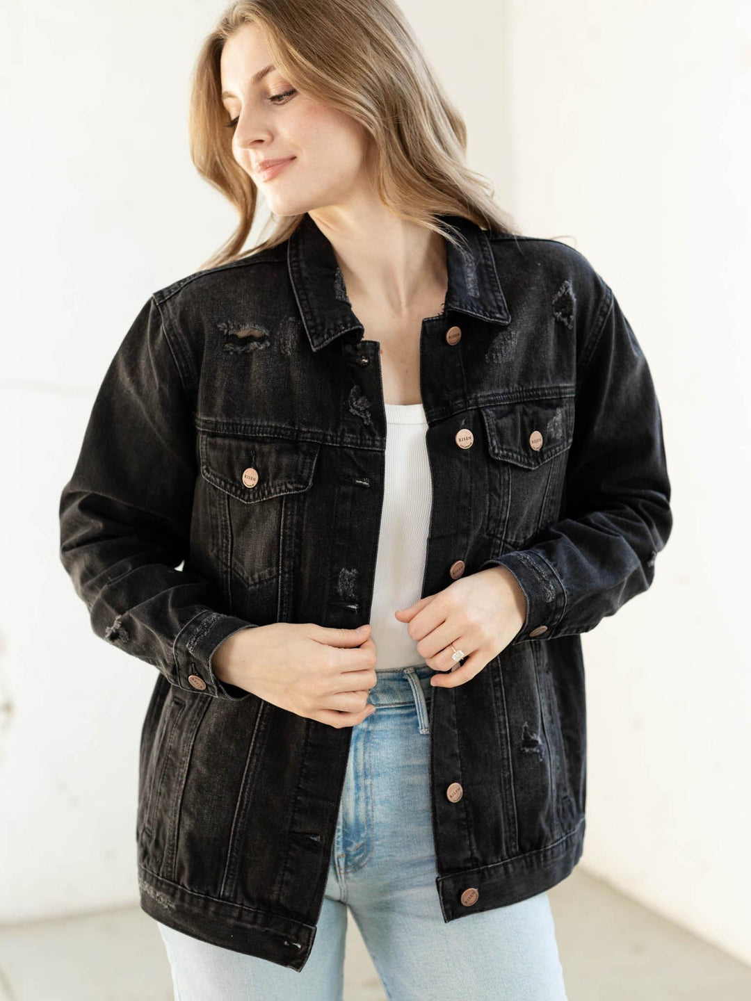RISEN Black Loose Fit Distressed Denim Jacket