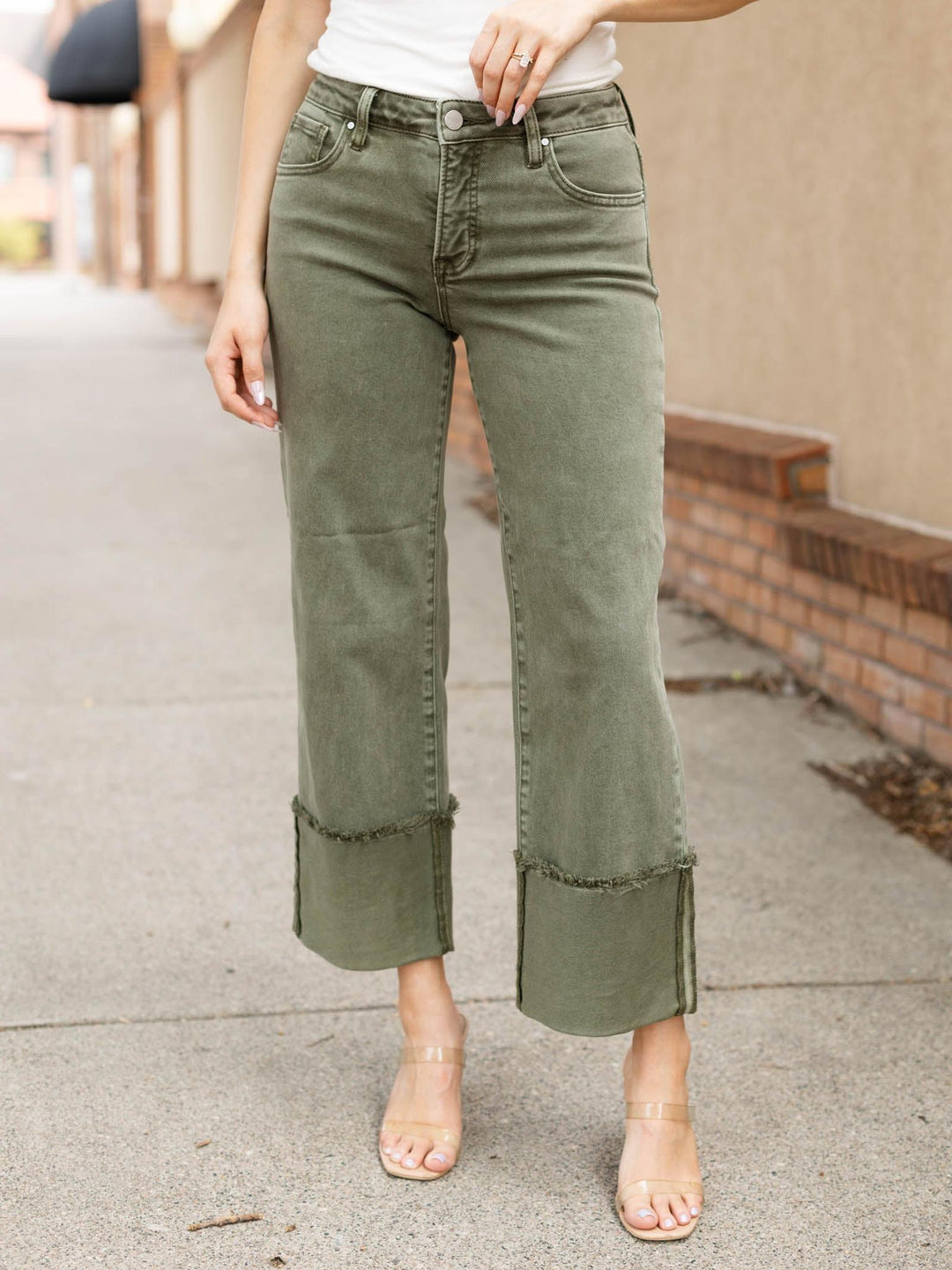 RISEN Burnt Olive Tummy Control Mid Rise Wide Leg