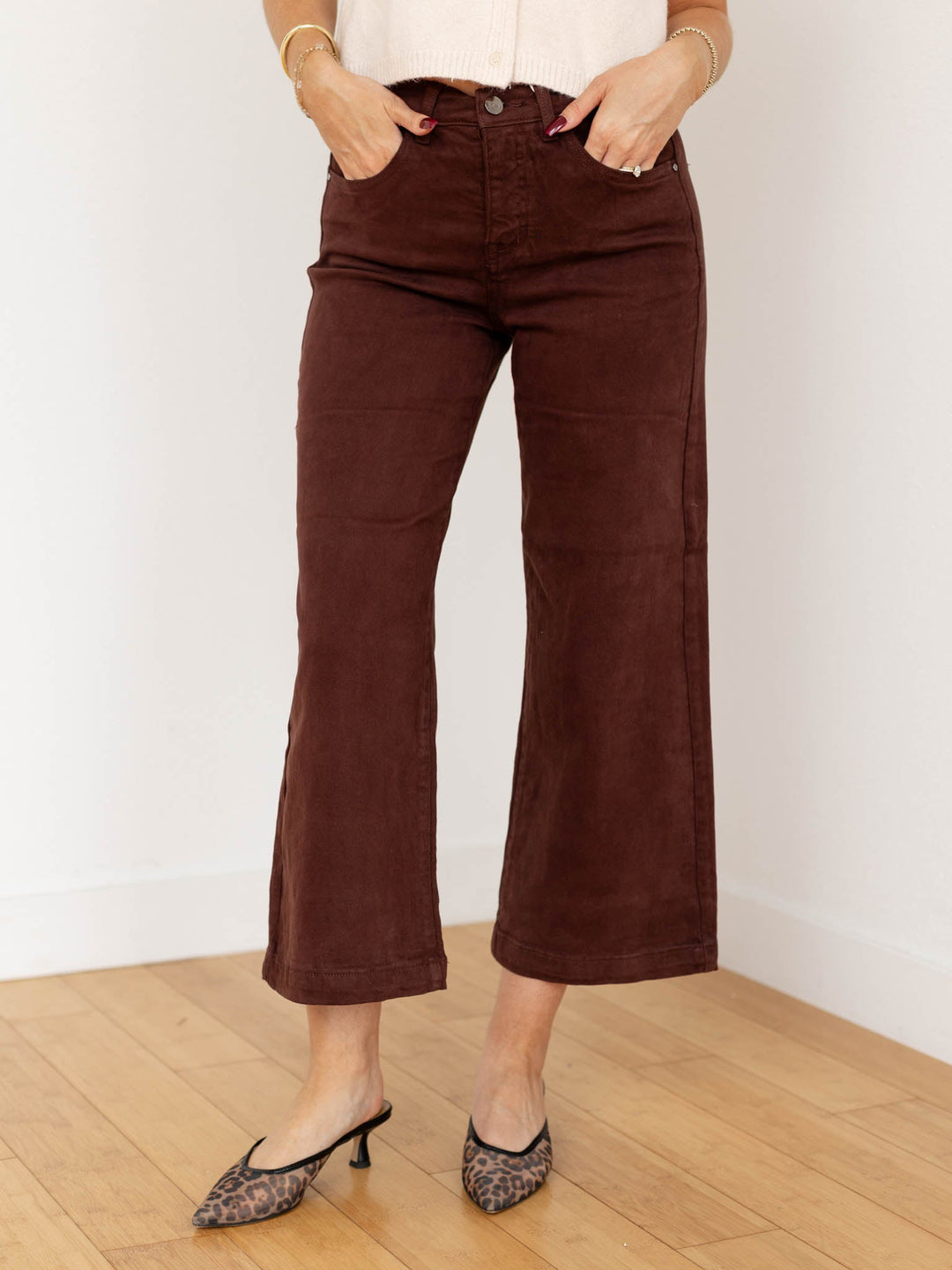 cropped wide leg brown denim