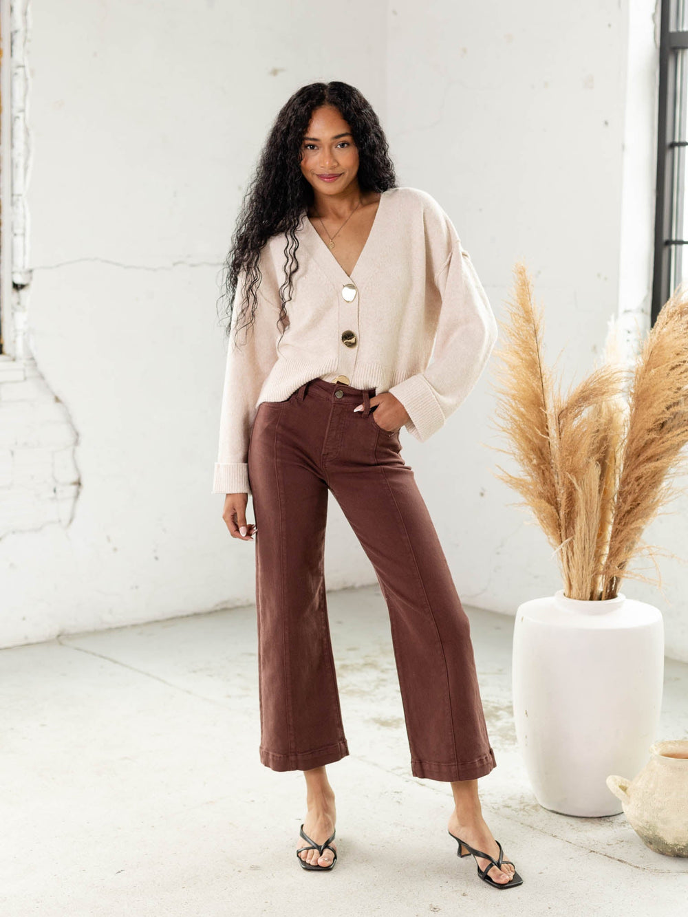 brown cropped wide leg denim