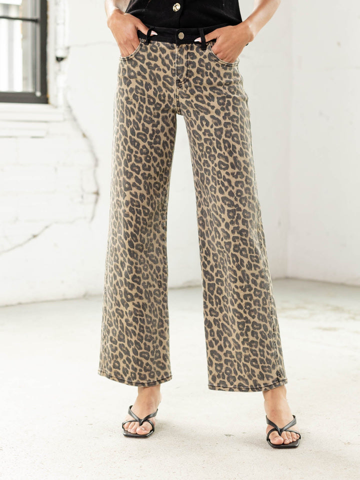 washed leopard printed wide leg jeans