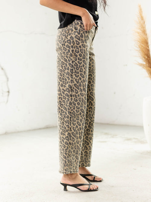 washed leopard printed wide leg jeans