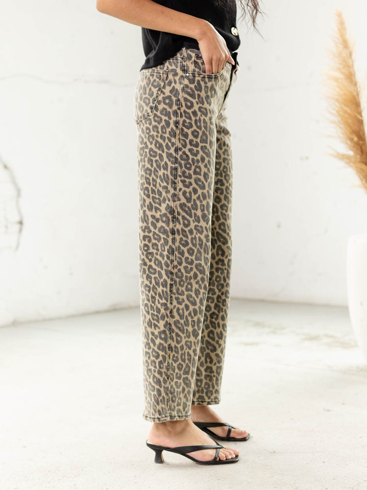washed leopard printed wide leg jeans