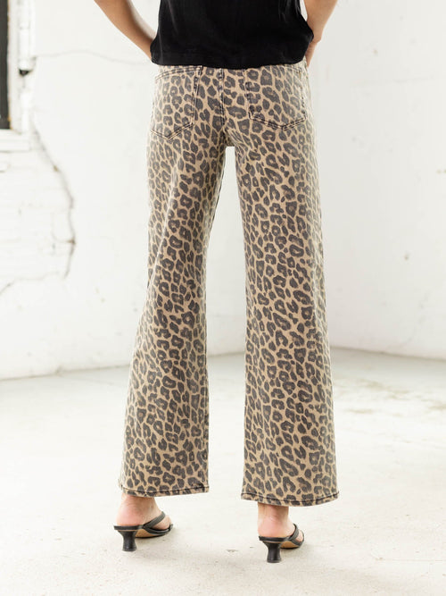 washed leopard printed wide leg jeans